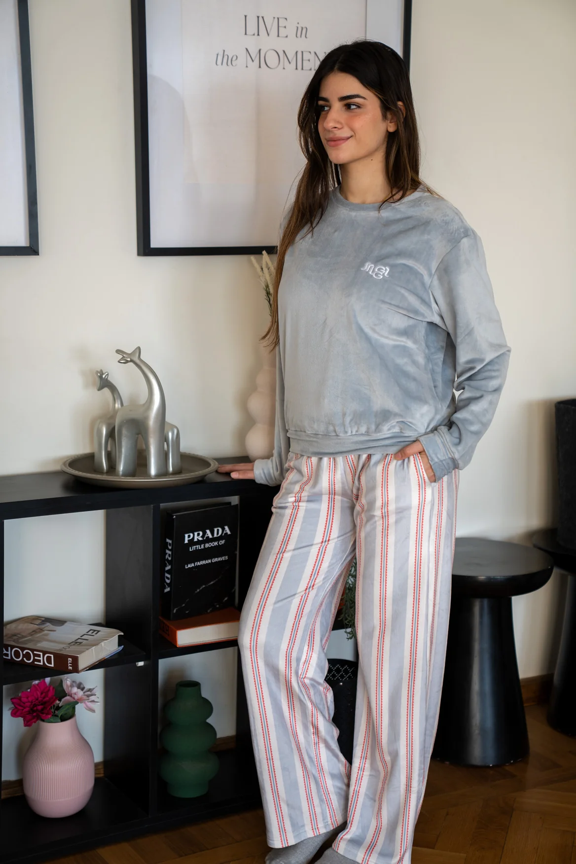 Women Winter Pajama Set Mint Top + Mint X White Striped Pants - Image 2