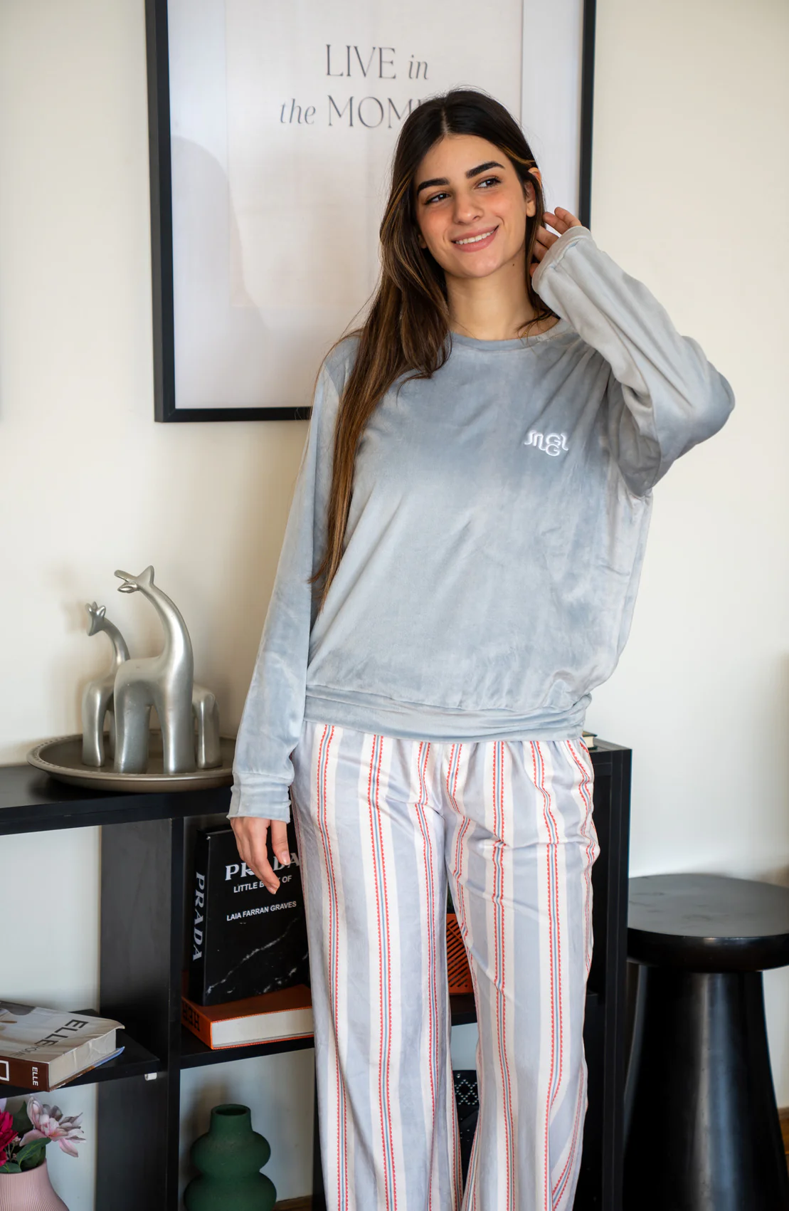 Women Winter Pajama Set Mint Top + Mint X White Striped Pants - Image 3