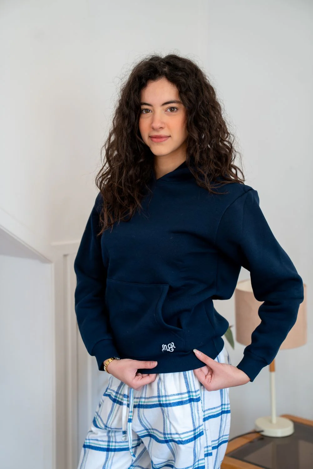 Women Winter Pajama Set Navy Hoodie + White X Navy Checkered  Pants - Image 2