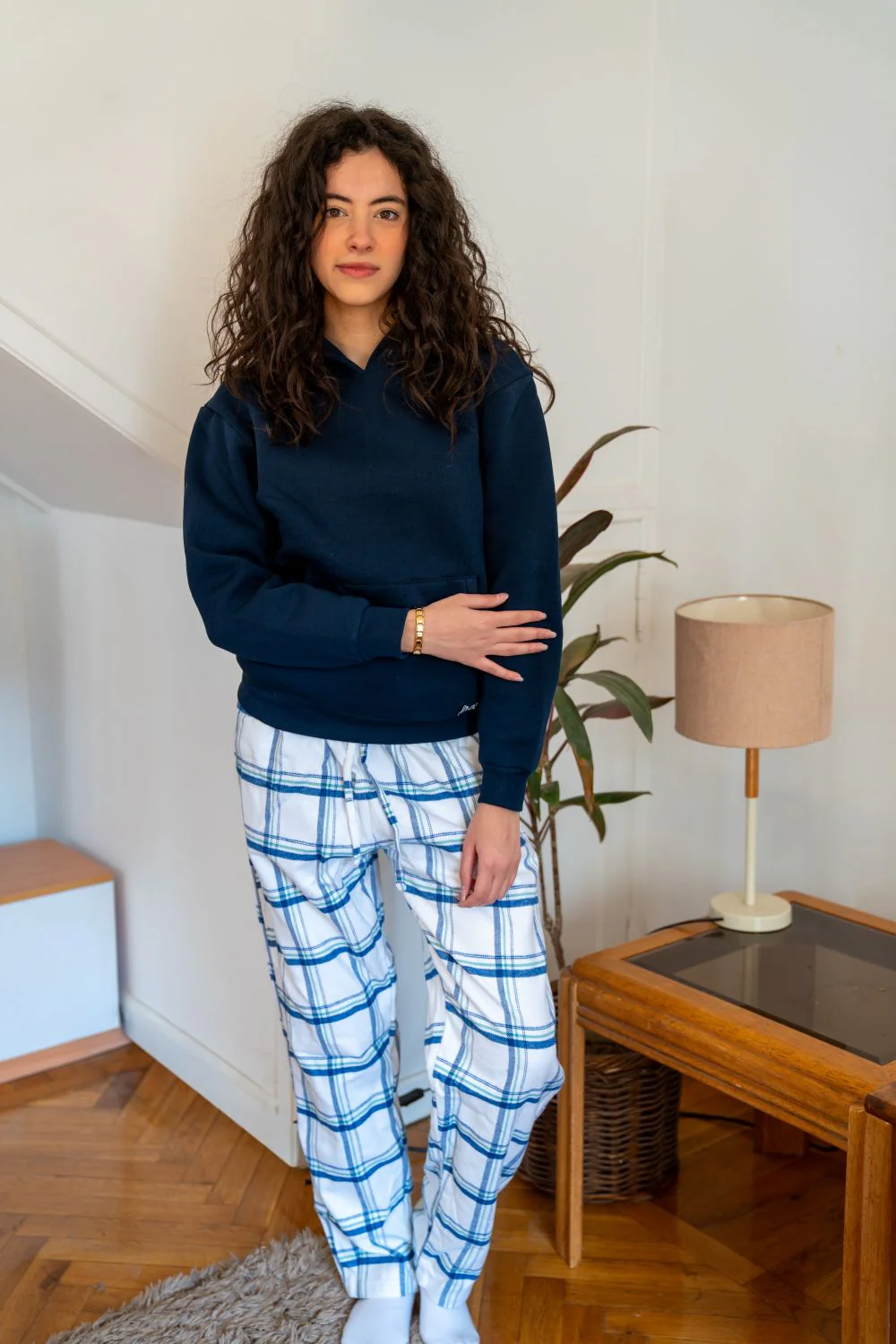 Women Winter Pajama Set Navy Hoodie + White X Navy Checkered  Pants - Image 3