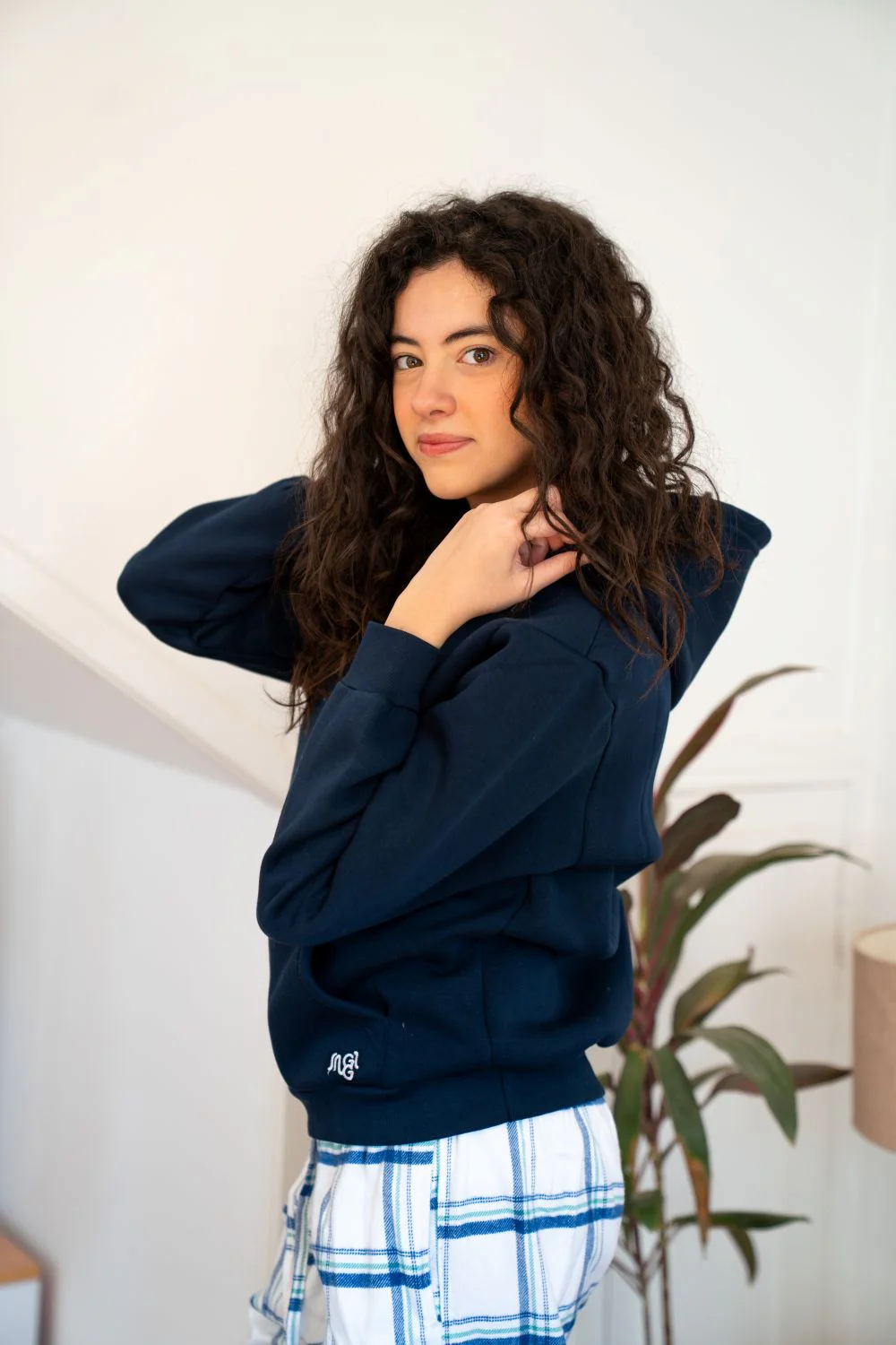 Women Winter Pajama Set Navy Hoodie + White X Navy Checkered  Pants - Image 5
