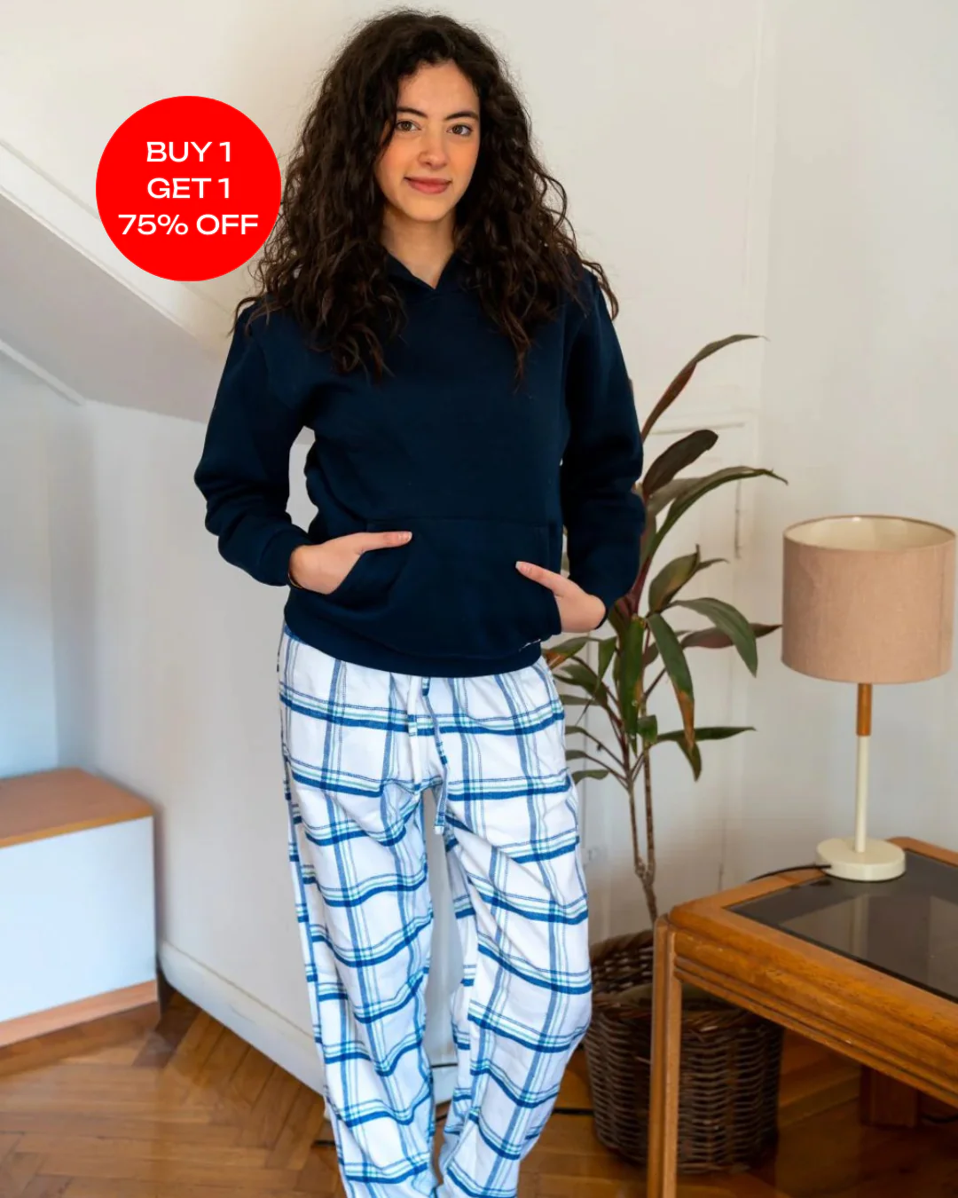 Women Winter Pajama Set Navy Hoodie + White X Navy Checkered  Pants - Image 6