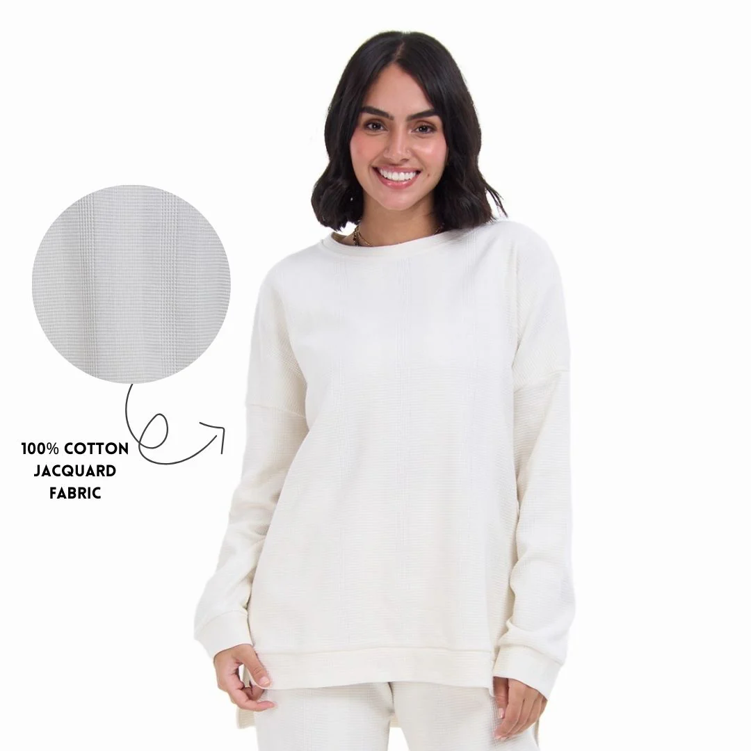 Women Winter Pajama Set Off white jacquard Oversized Sweatshirt + Pants - Image 2