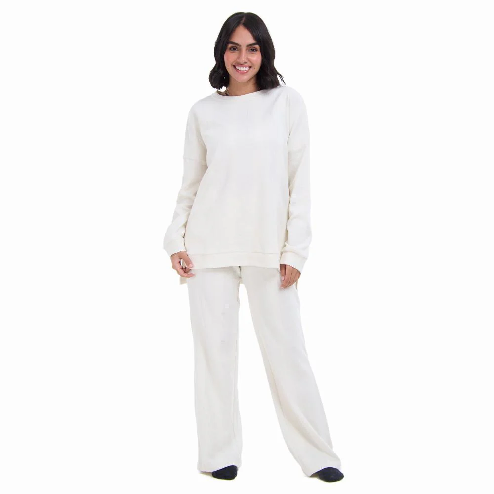 Women Winter Pajama Set Off white jacquard Oversized Sweatshirt + Pants - Image 3
