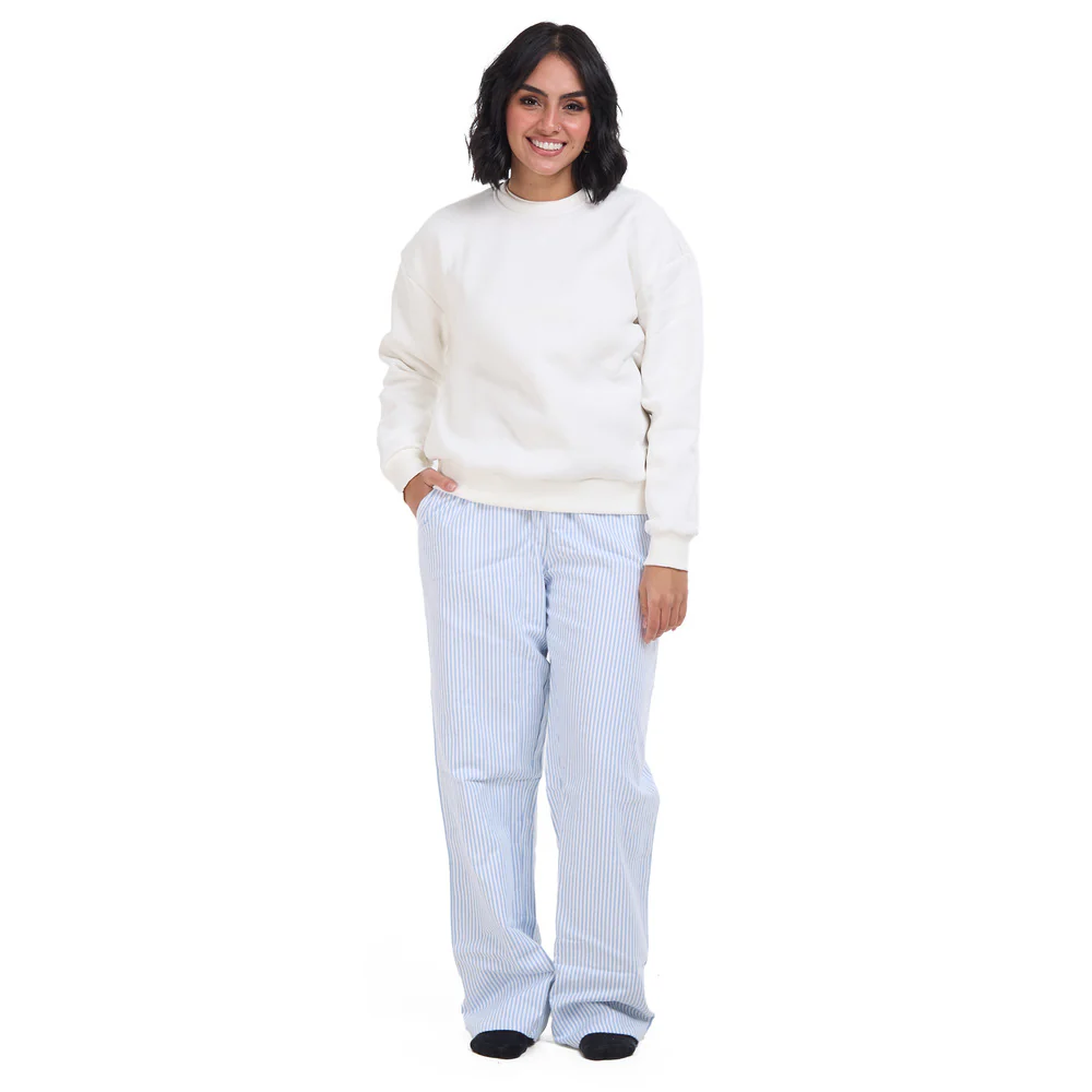 Women Winter Pajama Set Off White Sweatshirt + Baby Blue Stripes Pants - Image 2