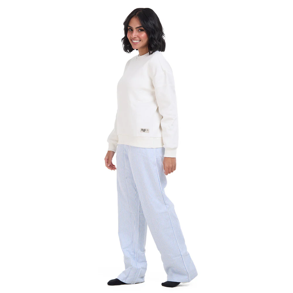 Women Winter Pajama Set Off White Sweatshirt + Baby Blue Stripes Pants - Image 3