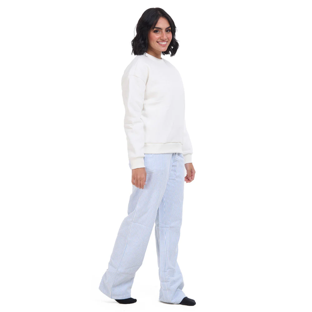 Women Winter Pajama Set Off White Sweatshirt + Baby Blue Stripes Pants - Image 4