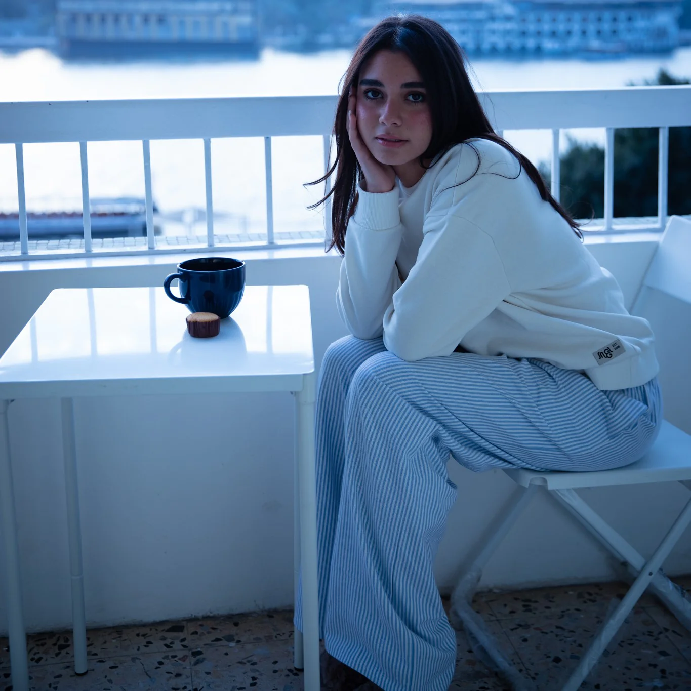 Women Winter Pajama Set Off White Sweatshirt + Baby Blue Stripes Pants - Image 6
