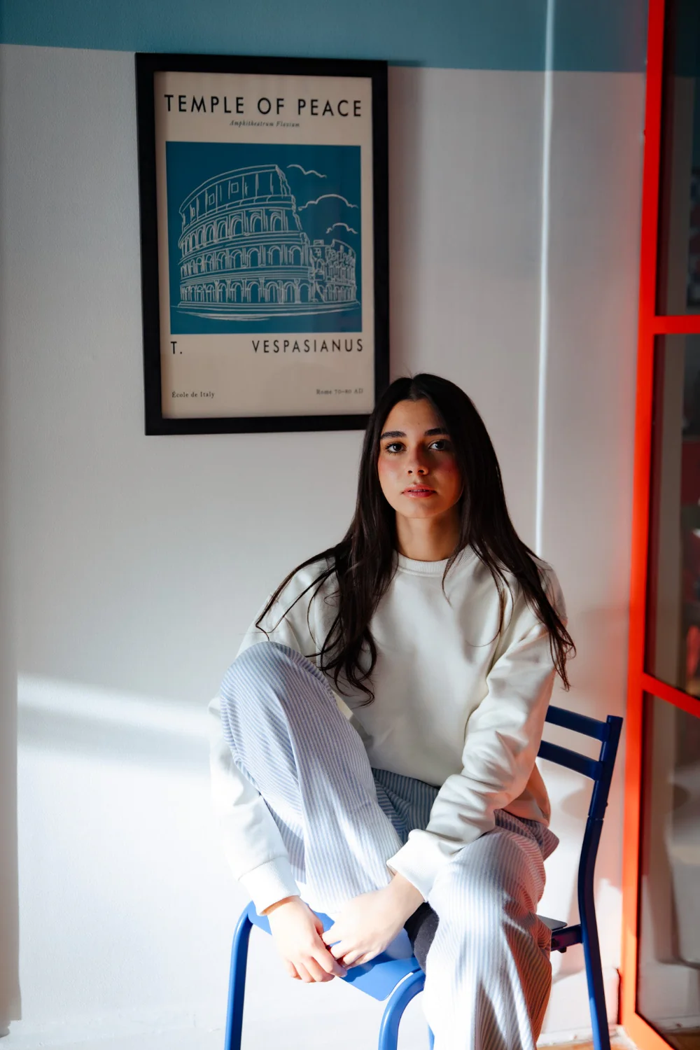 Women Winter Pajama Set Off White Sweatshirt + Baby Blue Stripes Pants - Image 7