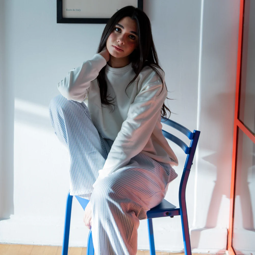 Women Winter Pajama Set Off White Sweatshirt + Baby Blue Stripes Pants - Image 8
