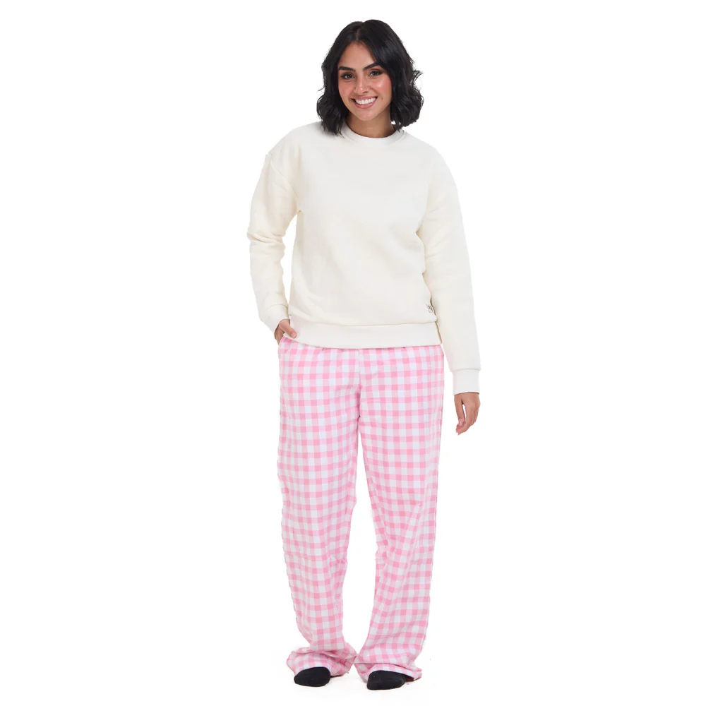 Women Winter Pajama Set Off White Sweatshirt +Pink Gingham Pattern Pants - Image 2
