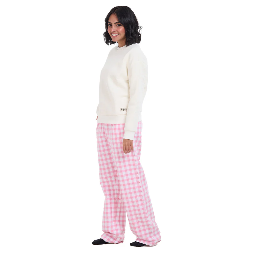 Women Winter Pajama Set Off White Sweatshirt +Pink Gingham Pattern Pants - Image 3
