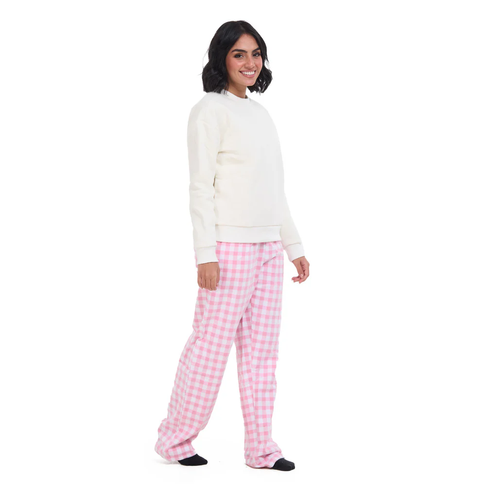 Women Winter Pajama Set Off White Sweatshirt +Pink Gingham Pattern Pants - Image 4