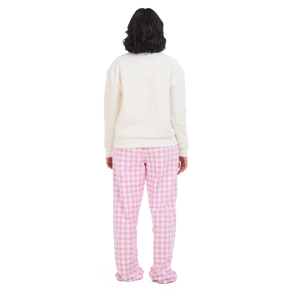 Women Winter Pajama Set Off White Sweatshirt +Pink Gingham Pattern Pants - Image 5