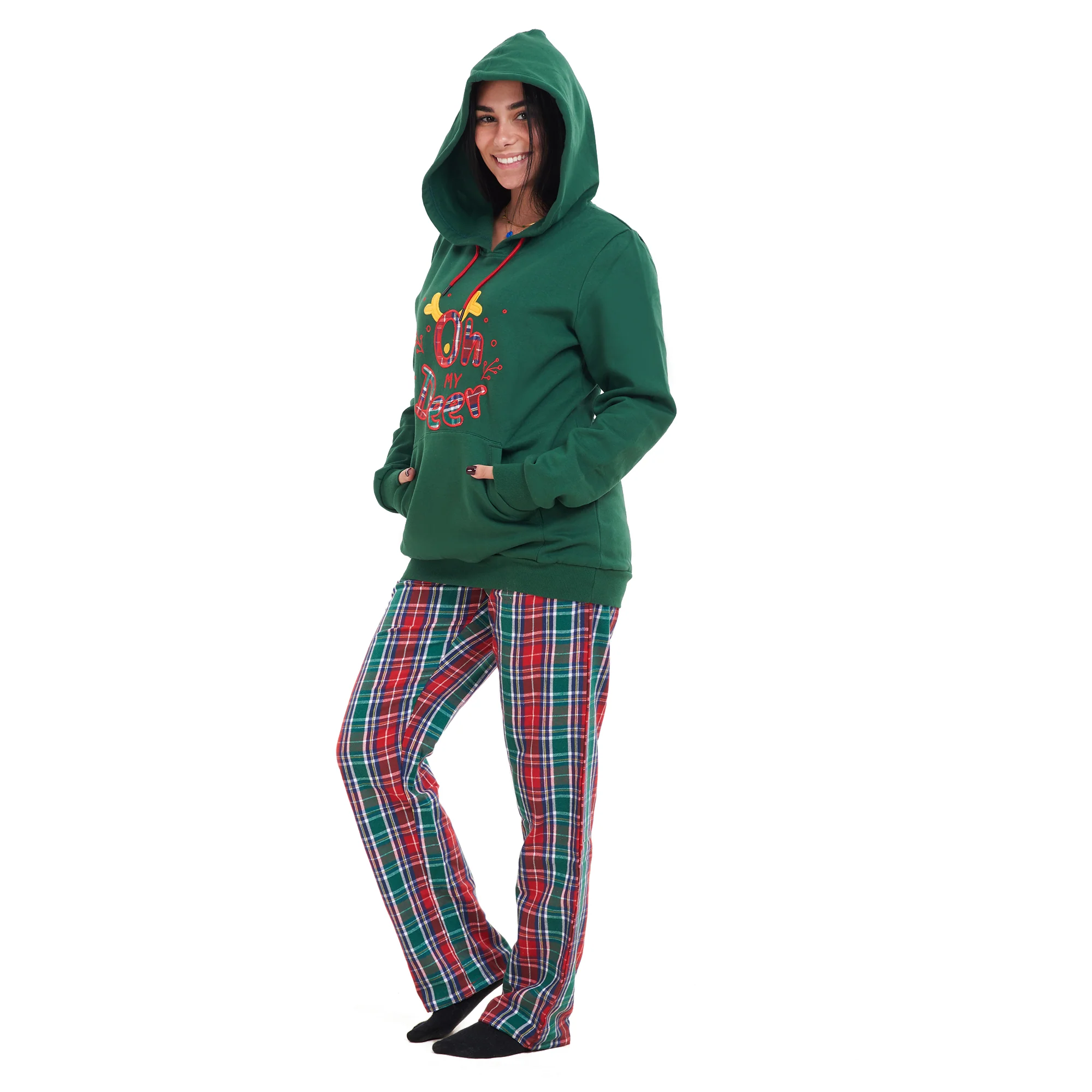 Women Winter Pajama Set Oh Deer Hoodie + Red x Green Checkered Pants - Image 2