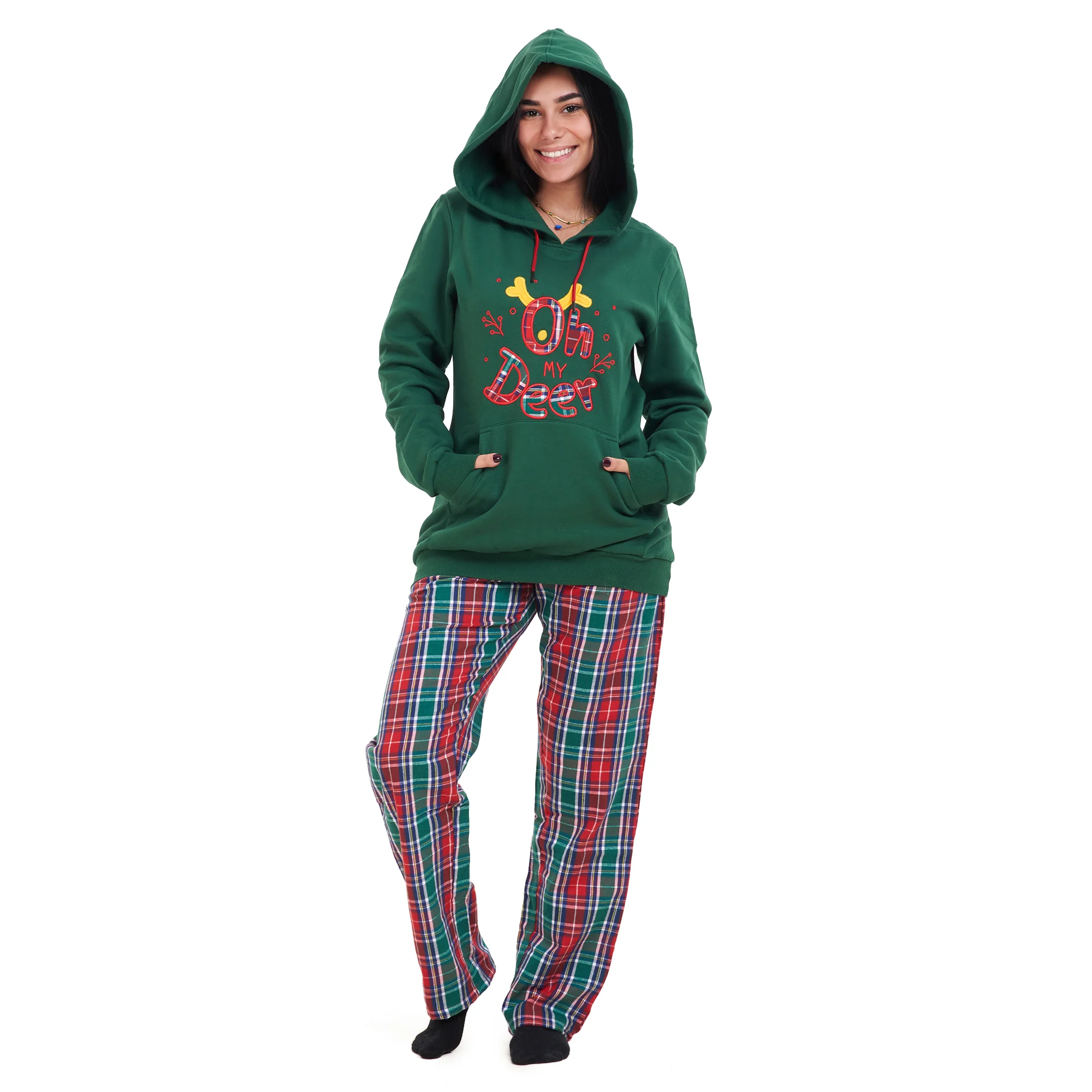 Women Winter Pajama Set Oh Deer Hoodie + Red x Green Checkered Pants - Image 4