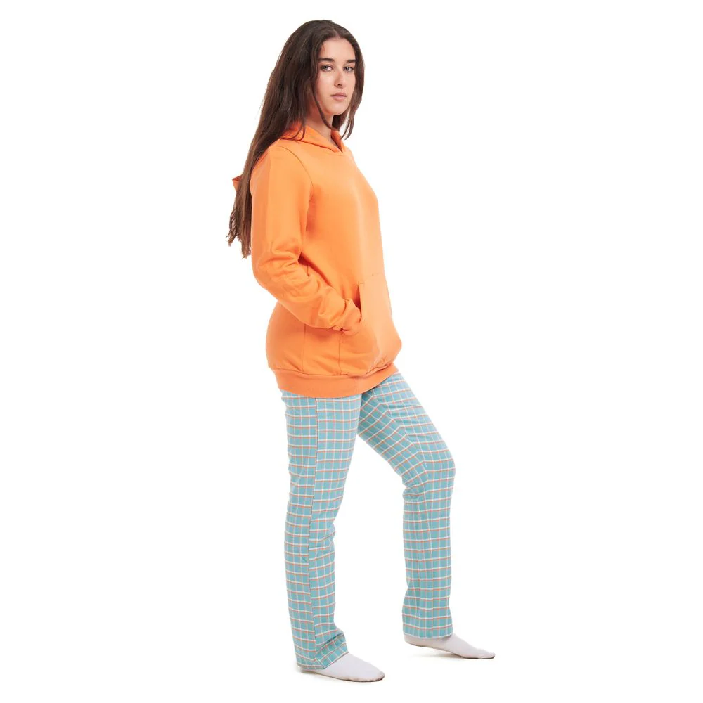 Women Winter Pajama Set Orange Sweatshirt + Pistache Checkered Pants - Image 2
