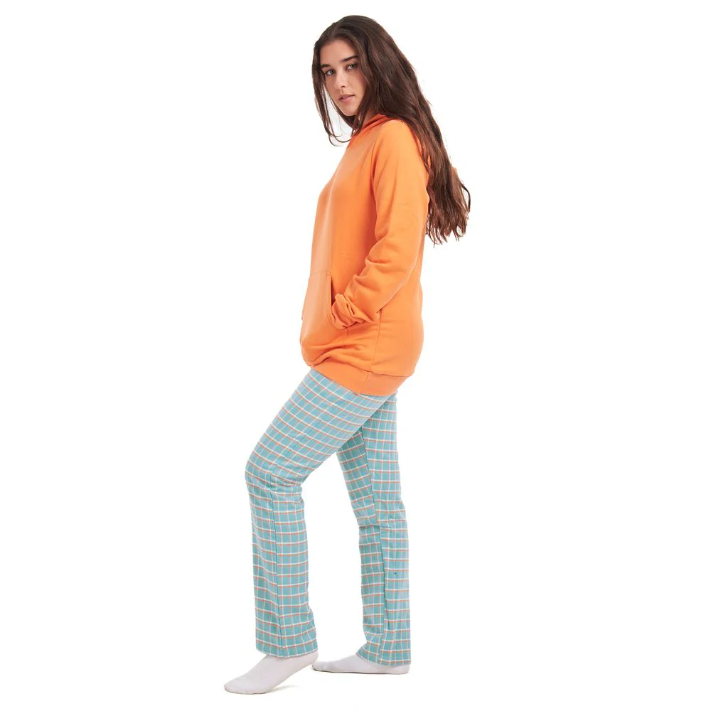 Women Winter Pajama Set Orange Sweatshirt + Pistache Checkered Pants - Image 3