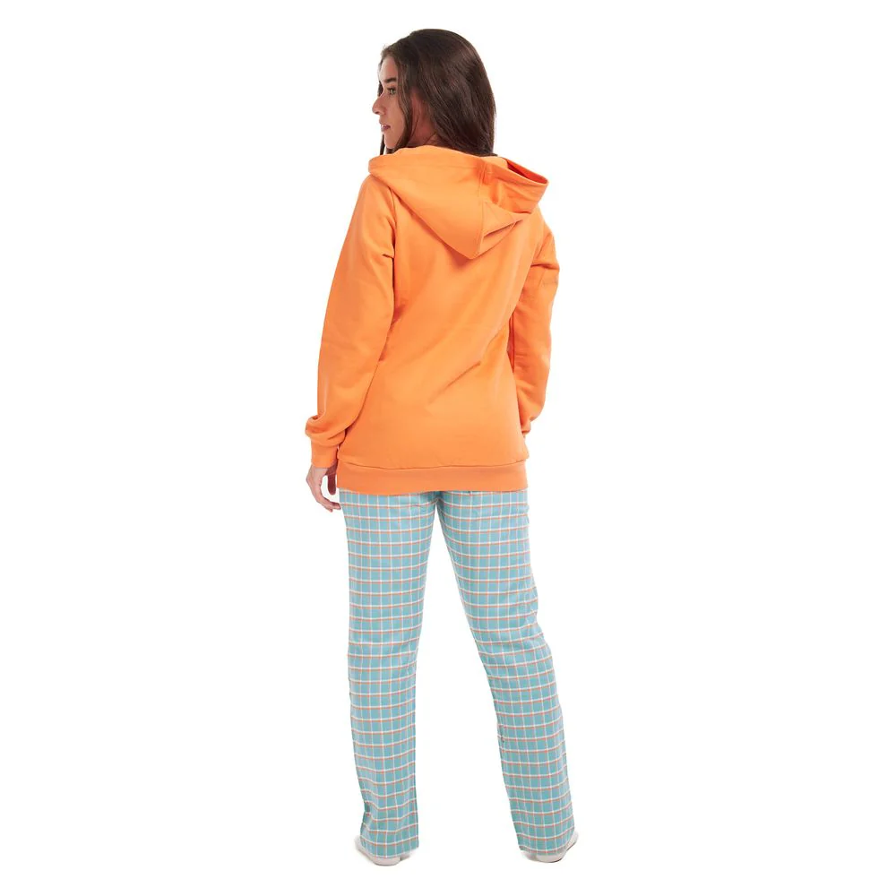 Women Winter Pajama Set Orange Sweatshirt + Pistache Checkered Pants - Image 4