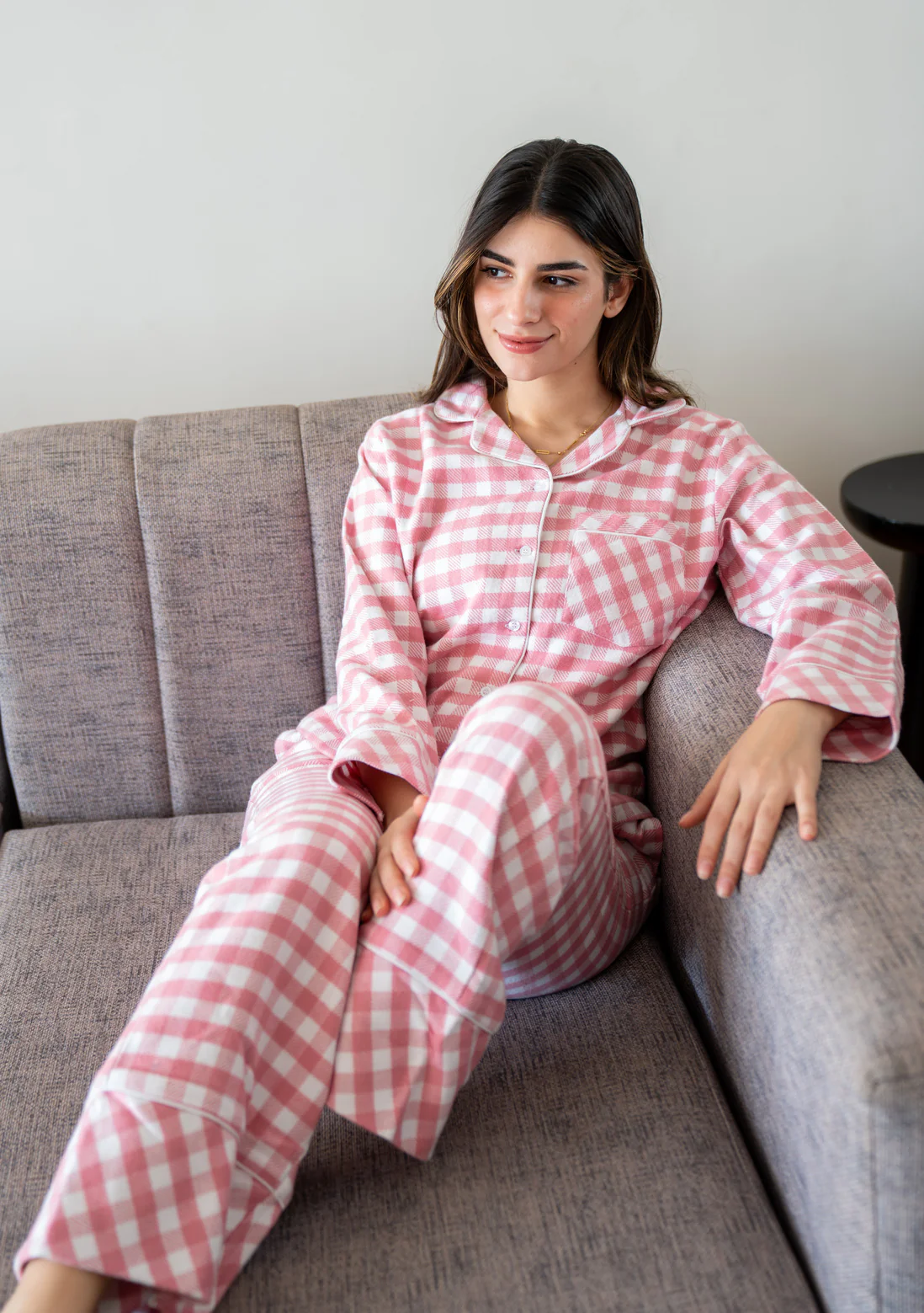 Women Winter Pajama Set Pink Gingham Pattern buttoned sweatshirt + pants - Image 3
