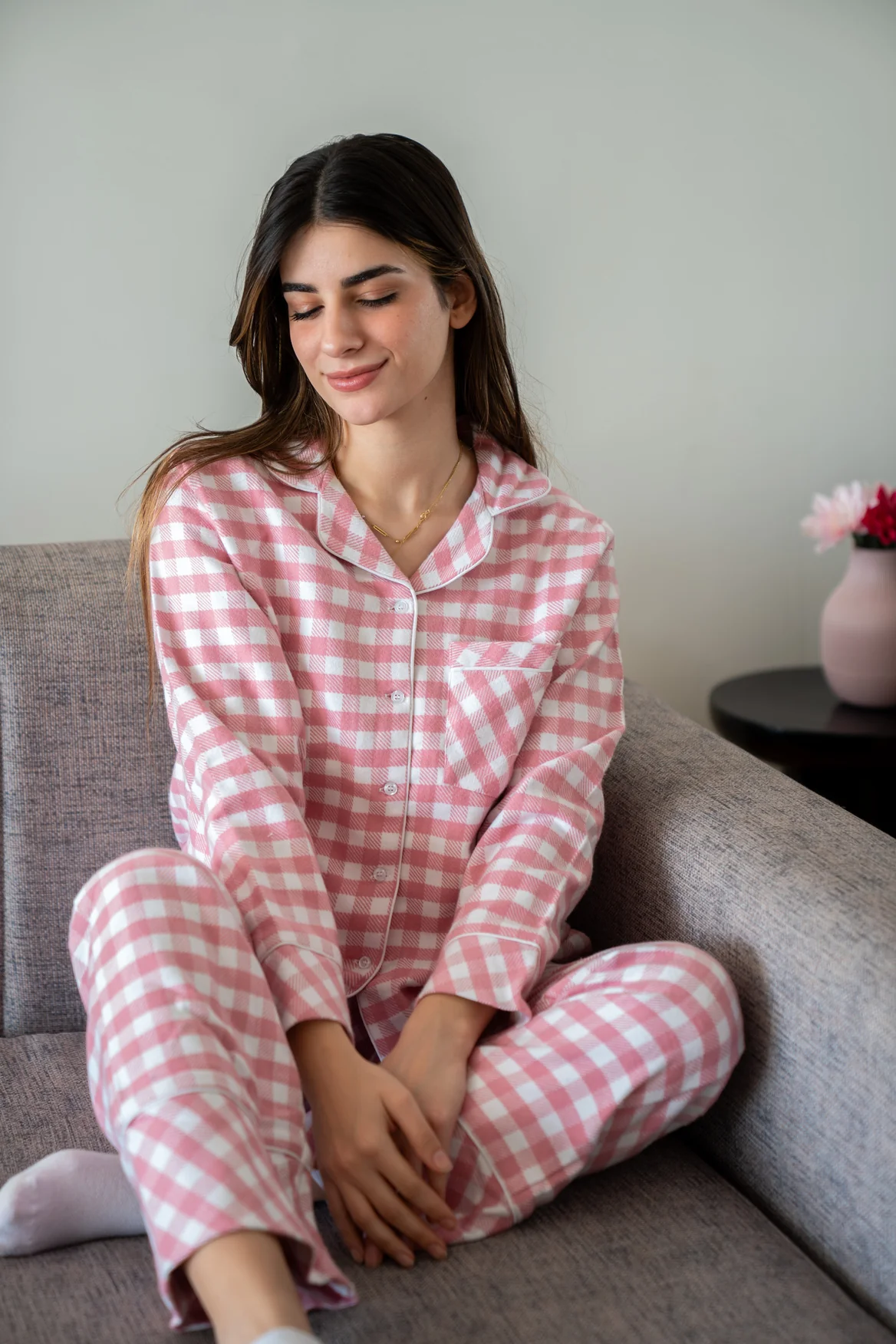 Women Winter Pajama Set Pink Gingham Pattern buttoned sweatshirt + pants - Image 4