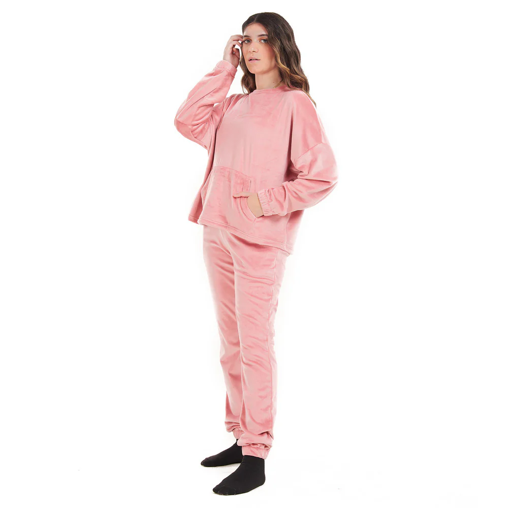 Women Winter Pajama Set Pink Sweatshirt + Pants - Image 2