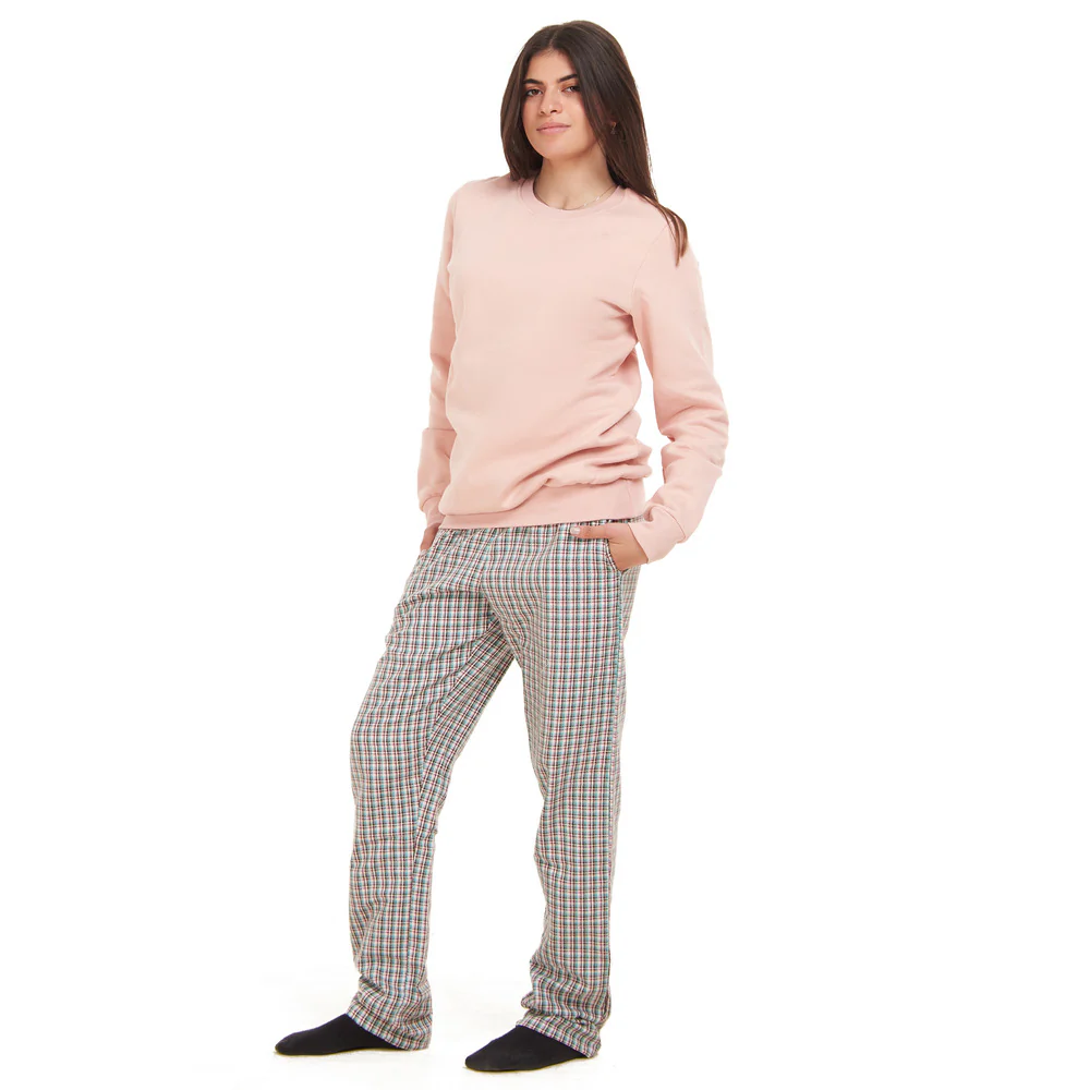 Women Winter Pajama Set Pink Sweatshirt + Pink x Aqua Checkered Pants