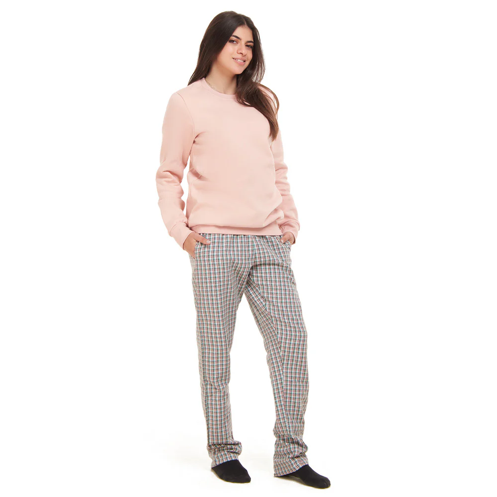 Women Winter Pajama Set Pink Sweatshirt + Pink x Aqua Checkered Pants - Image 2