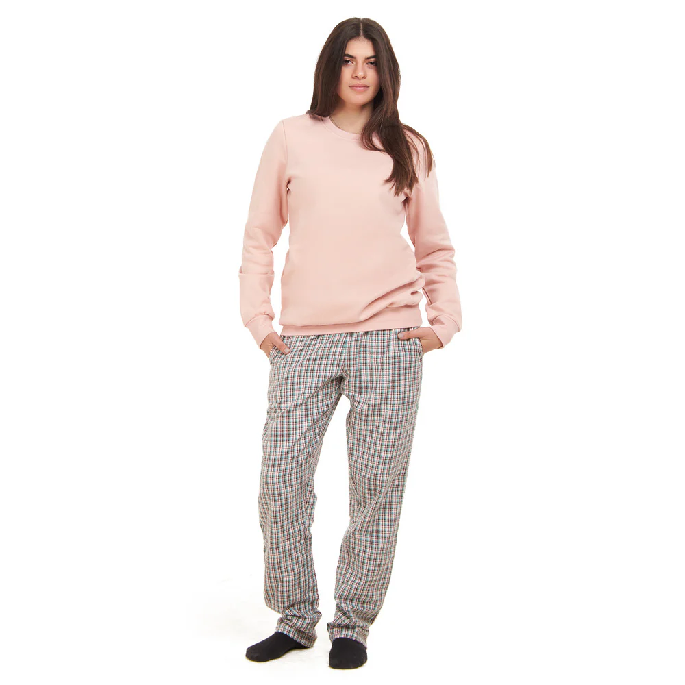 Women Winter Pajama Set Pink Sweatshirt + Pink x Aqua Checkered Pants - Image 4
