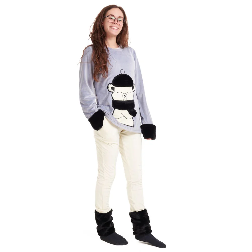 Women Winter Pajama Set Polar bear sweatshirt + Off white pants - Image 2