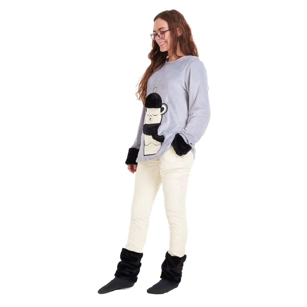 Women Winter Pajama Set Polar bear sweatshirt + Off white pants - Image 3