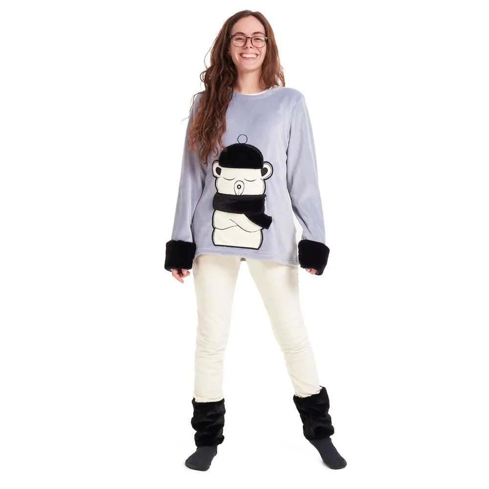 Women Winter Pajama Set Polar bear sweatshirt + Off white pants - Image 4