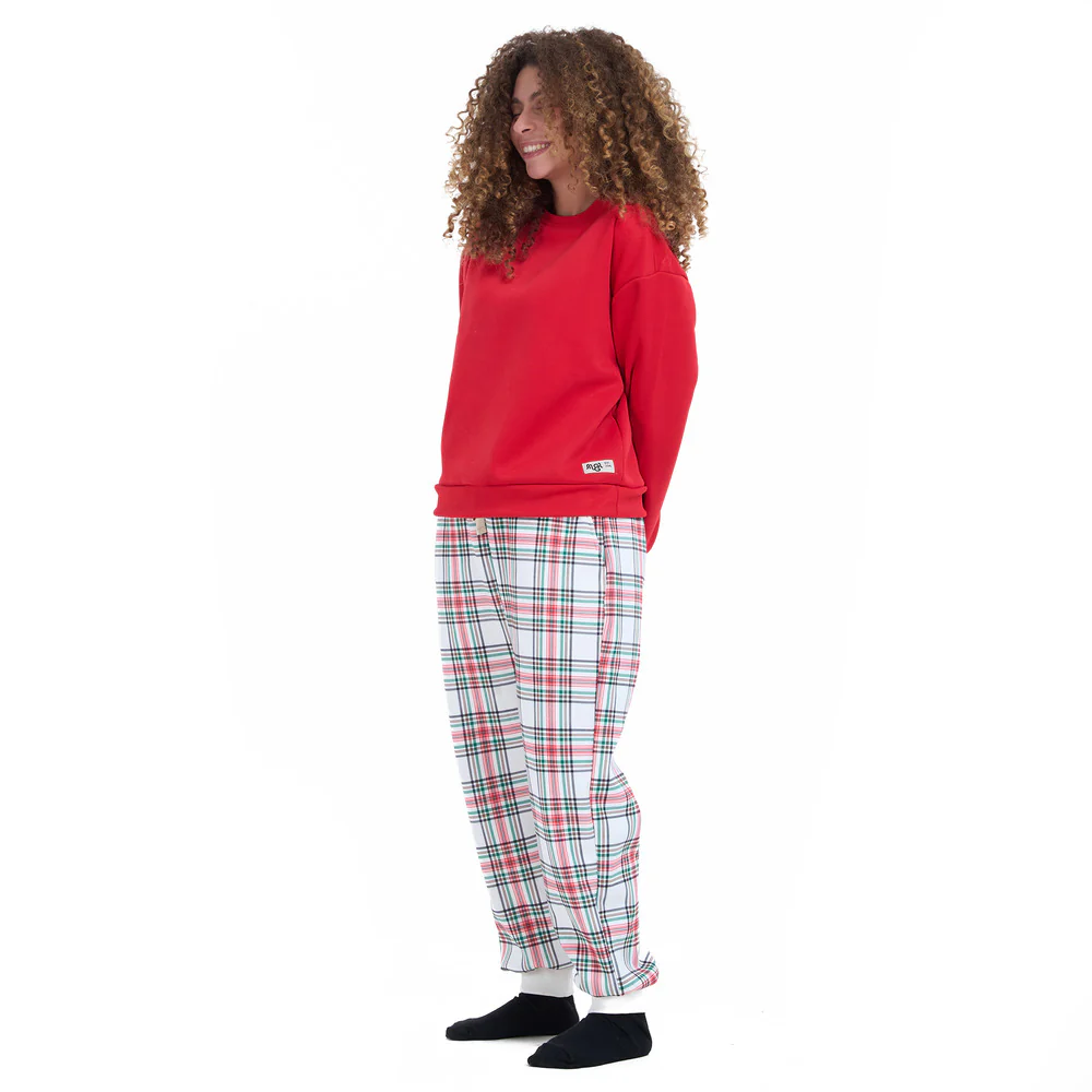 Women Winter Pajama Set Red Sweatshirt + Red x Green Checkered Pants - Image 2