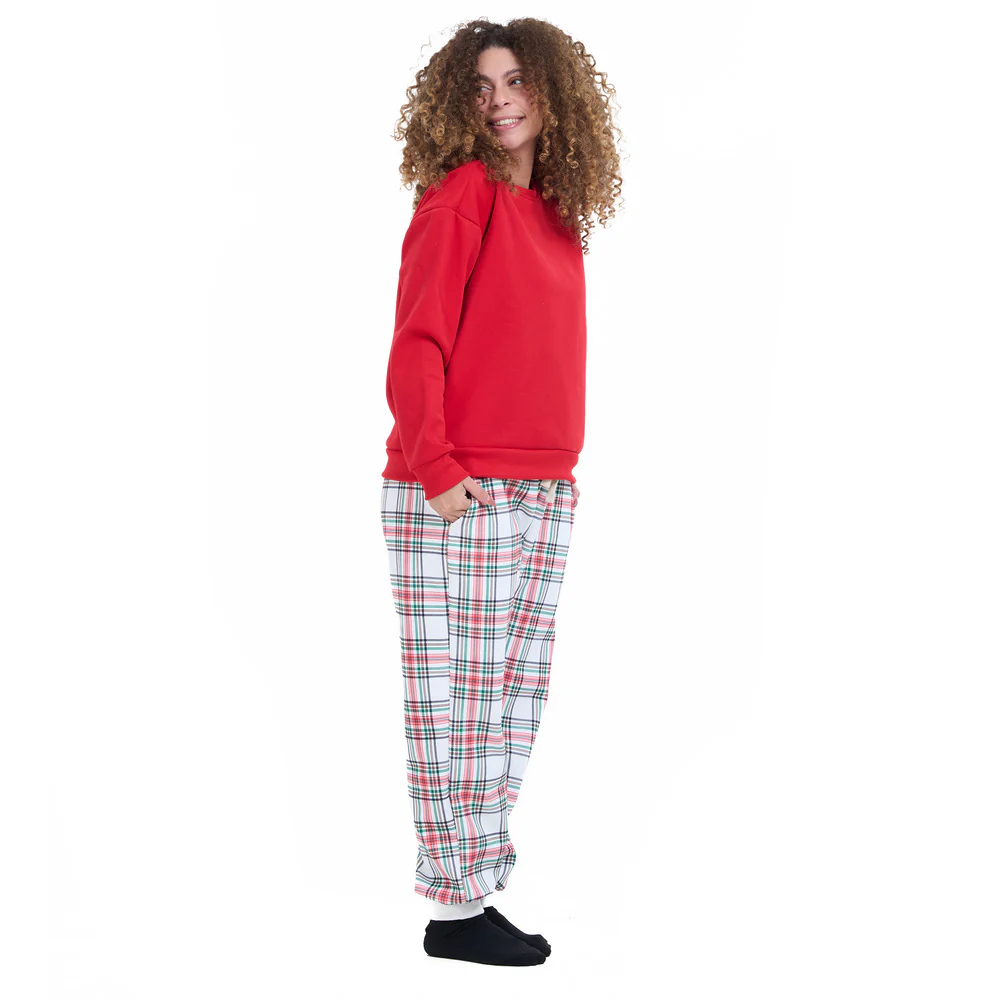 Women Winter Pajama Set Red Sweatshirt + Red x Green Checkered Pants - Image 3