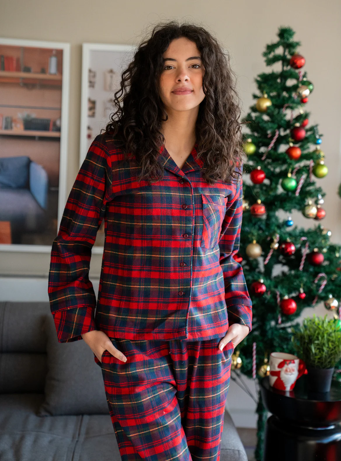 Women Winter Pajama Set Red X Green Checkered Buttoned Sweatshirt + Pants - Image 3