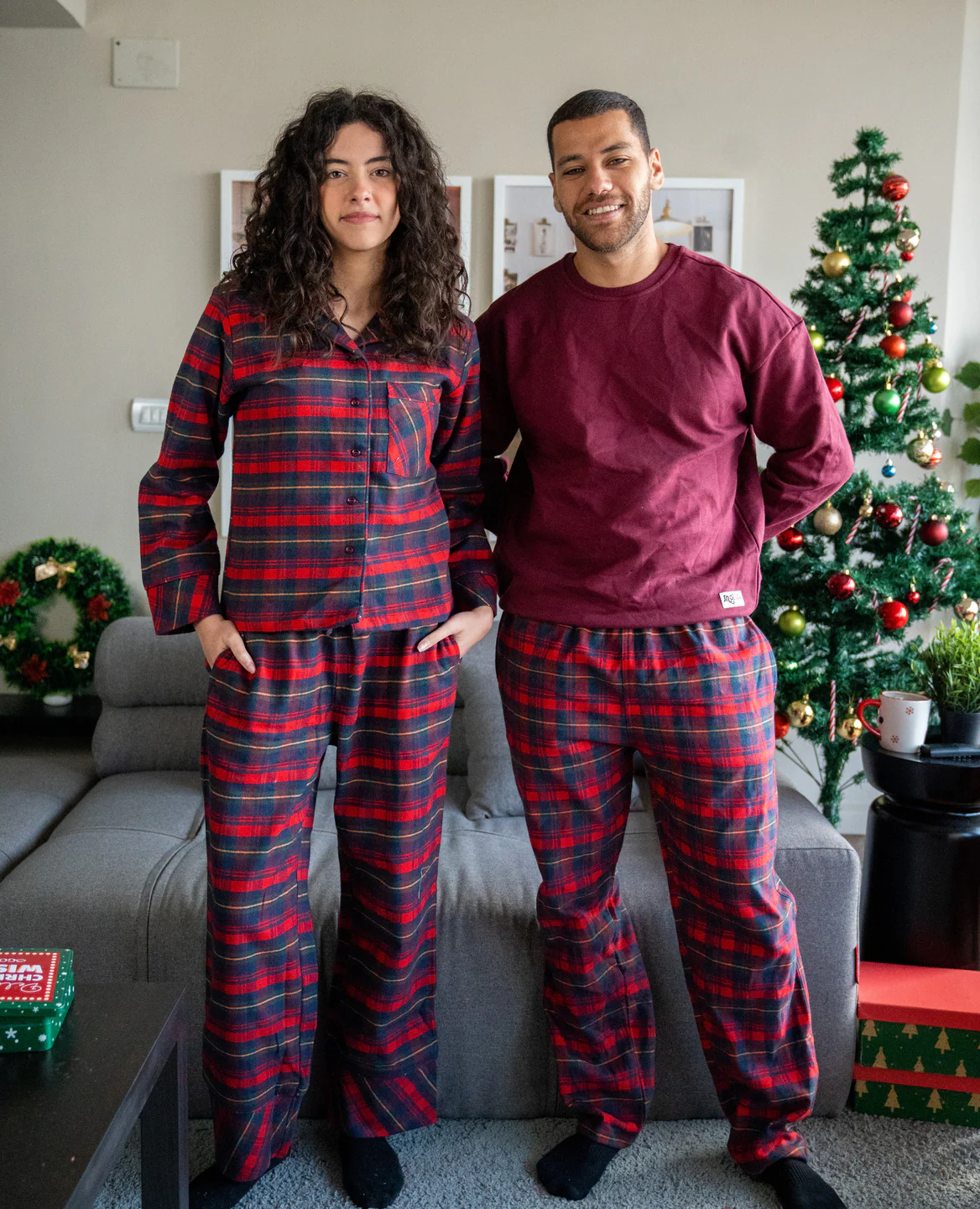 Women Winter Pajama Set Red X Green Checkered Buttoned Sweatshirt + Pants - Image 4