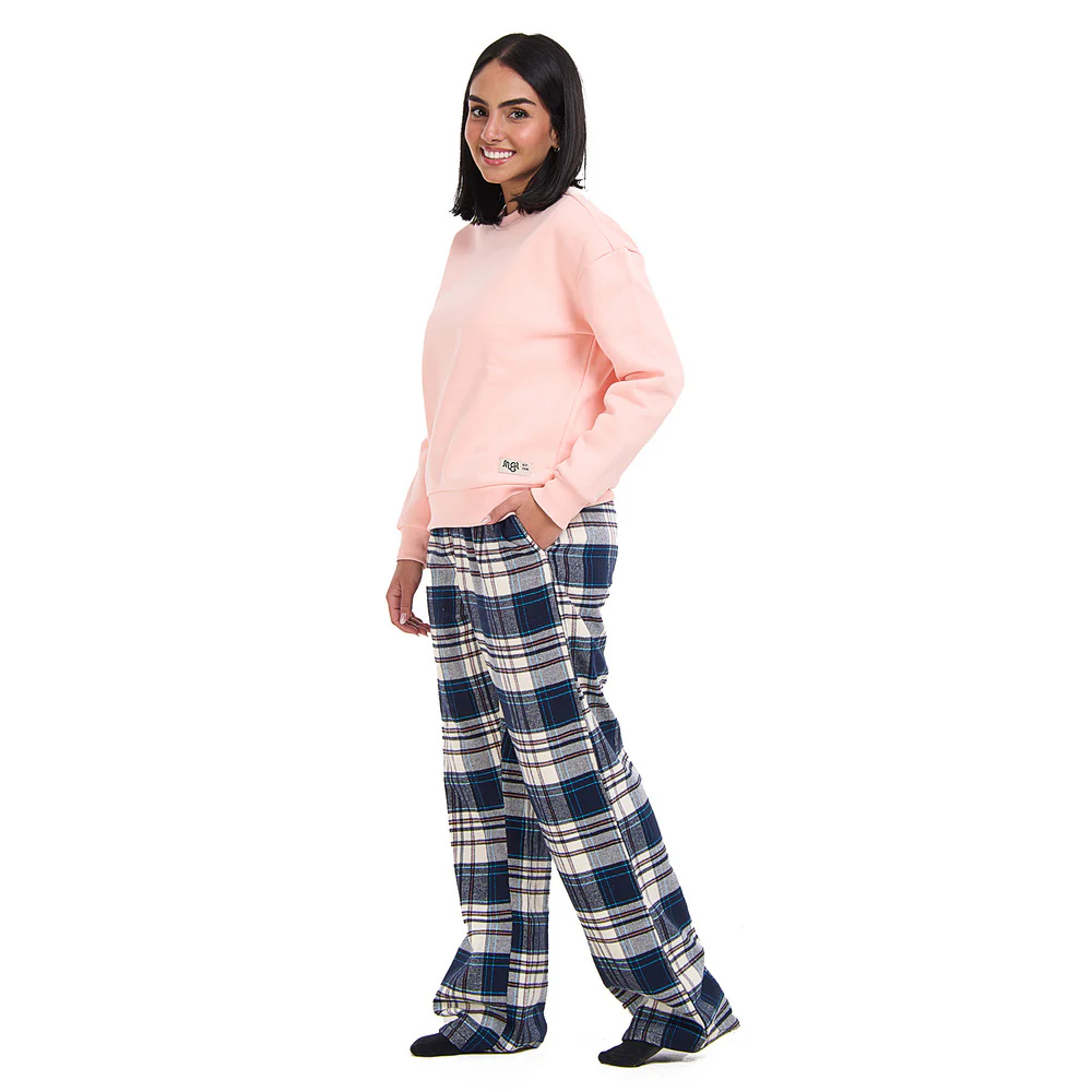 Women Winter Pajama Set Rose Sweatshirt +Dark Blue x White checkered Pants - Image 2