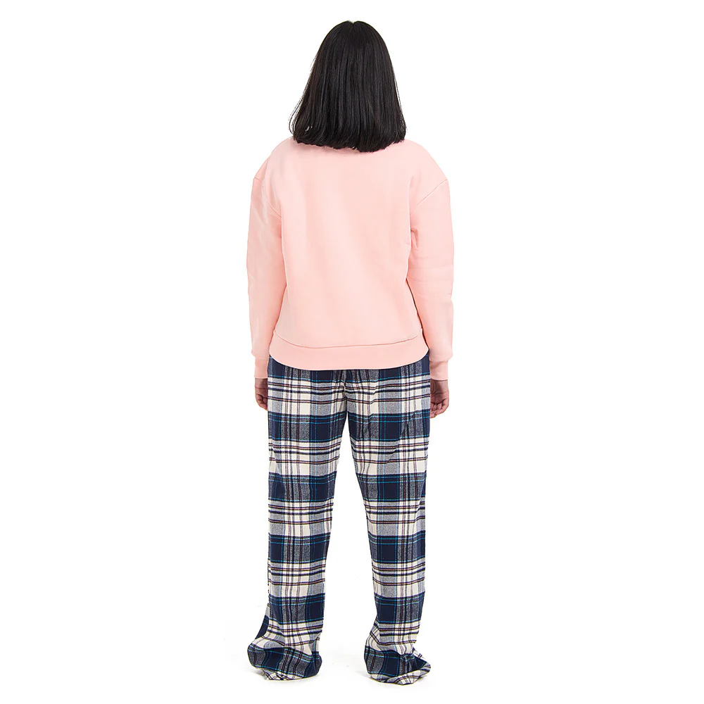 Women Winter Pajama Set Rose Sweatshirt +Dark Blue x White checkered Pants - Image 3