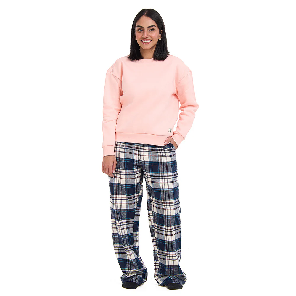 Women Winter Pajama Set Rose Sweatshirt +Dark Blue x White checkered Pants - Image 4