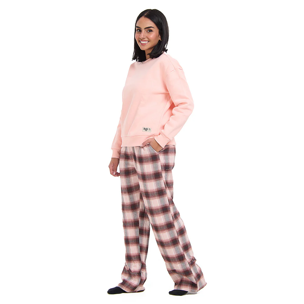 Women Winter Pajama Set Rose Sweatshirt + Rose x Dark Grey Checkered Pants - Image 2