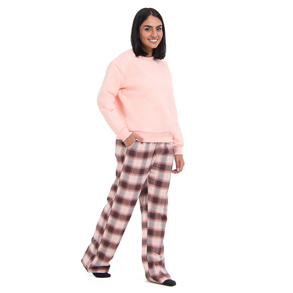Women Winter Pajama Set Rose Sweatshirt + Rose x Dark Grey Checkered Pants - Image 3