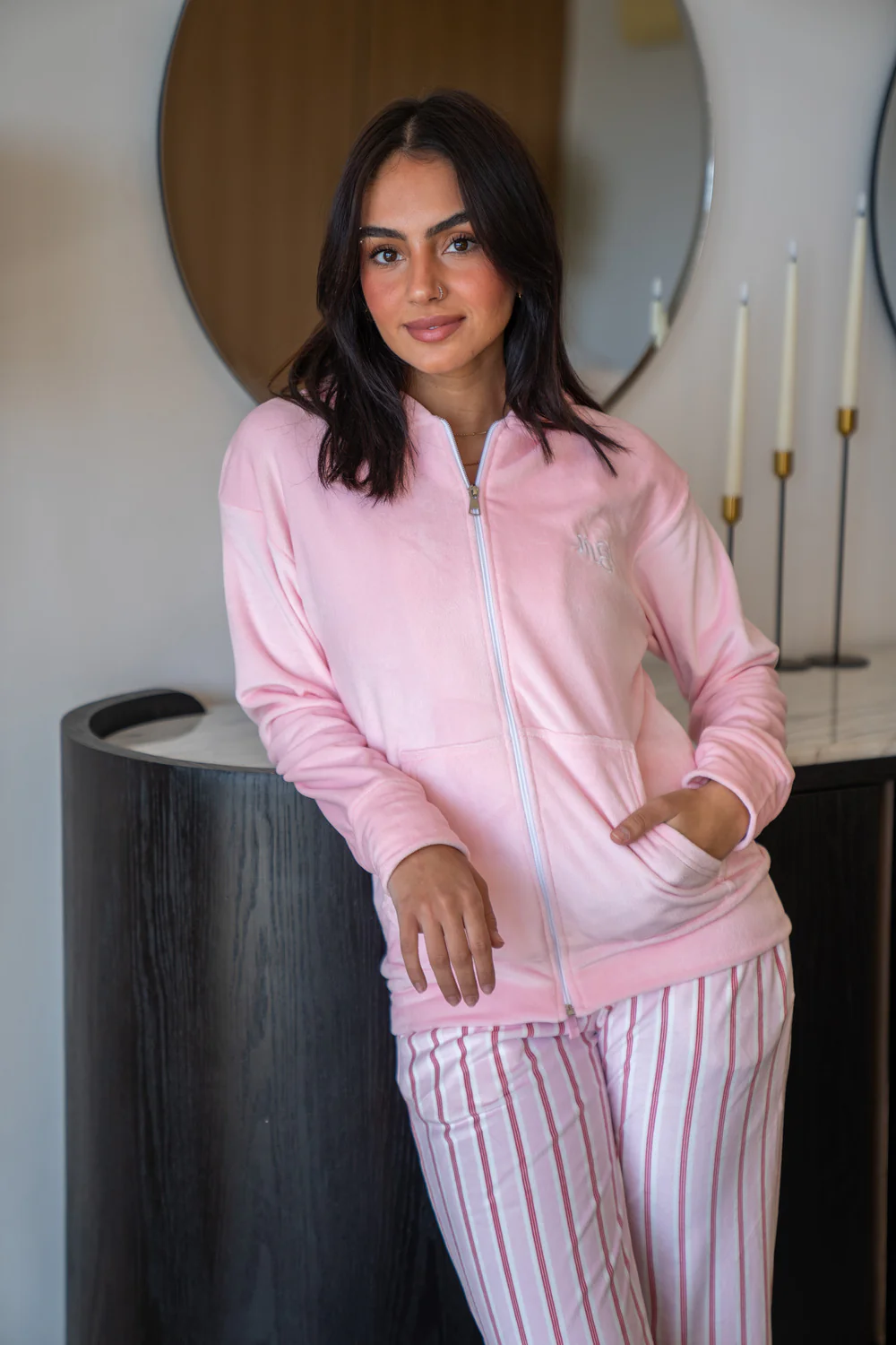 Women Winter Pajama Set Rose Sweatshirt + Rose X White Striped pants - Image 3