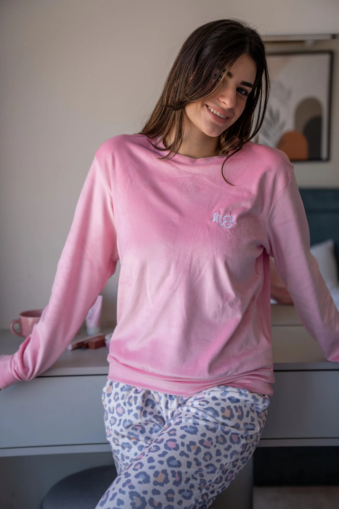 Women Winter Pajama Set Rose Top + Leopard Pants - Image 2