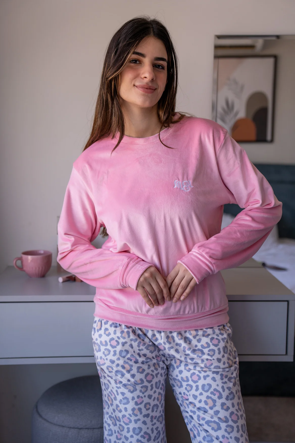 Women Winter Pajama Set Rose Top + Leopard Pants - Image 4