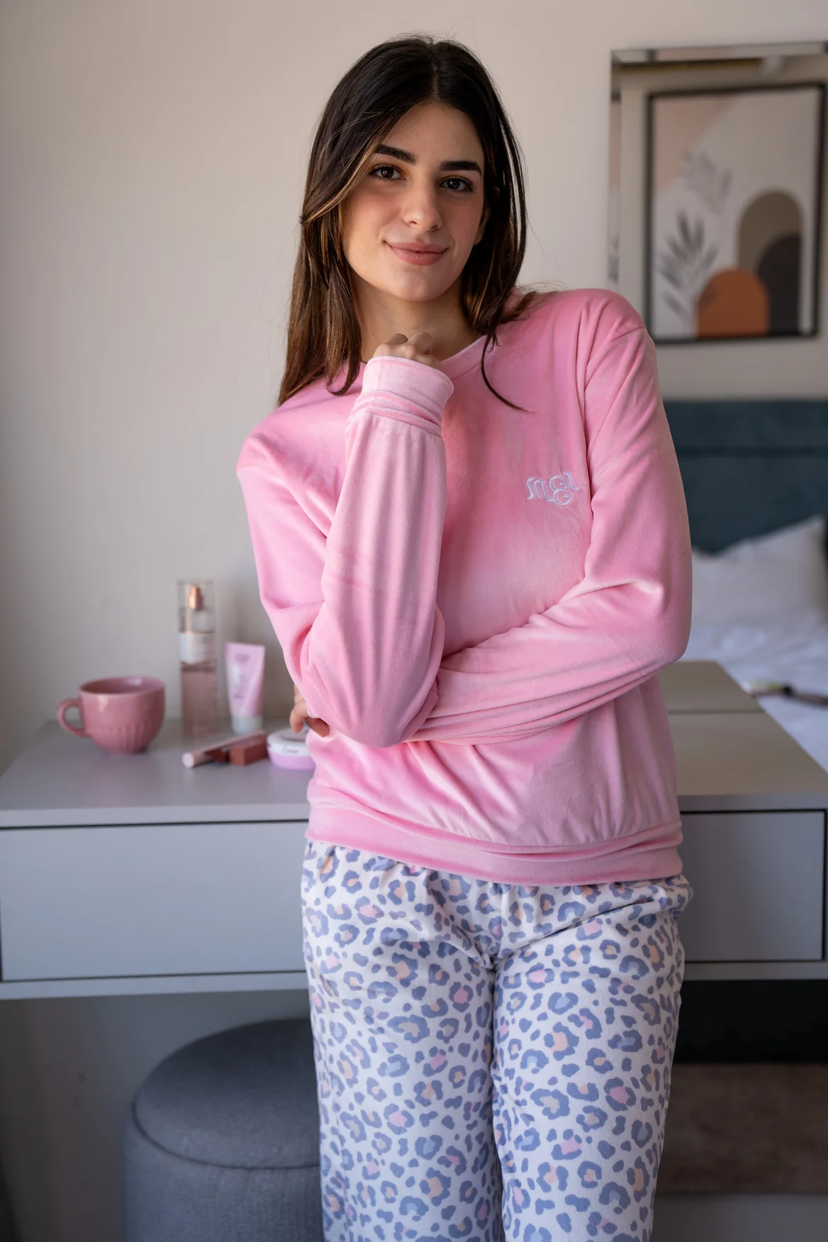 Women Winter Pajama Set Rose Top + Leopard Pants - Image 5