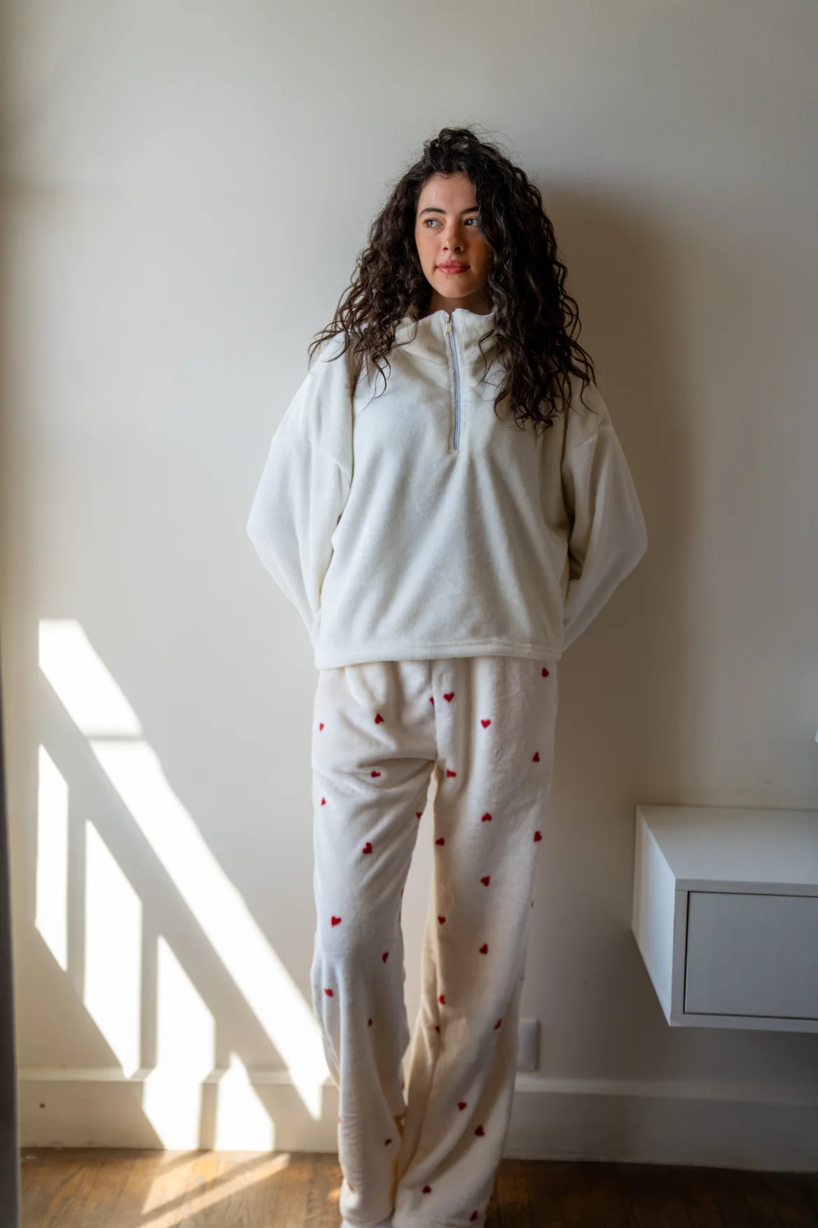 Women Winter Pajama Set White Sweatshirt + White Hearts Pants - Image 2
