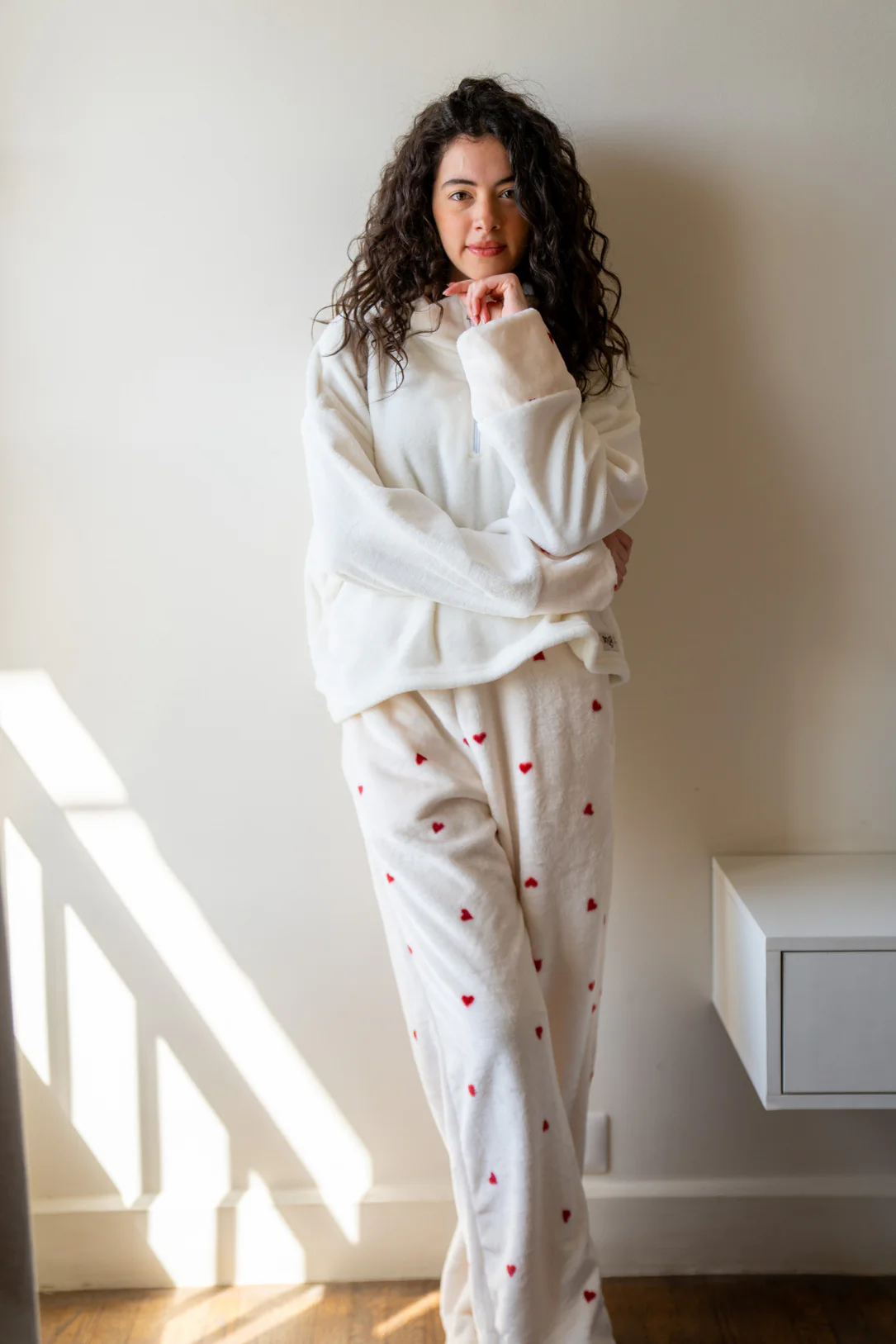 Women Winter Pajama Set White Sweatshirt + White Hearts Pants - Image 5